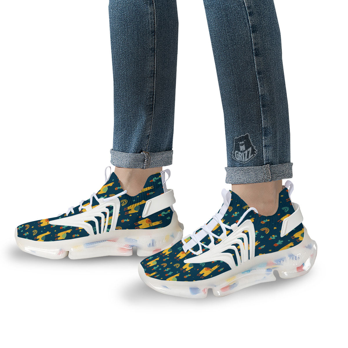 Llama And Cute Cactus Print Pattern White Gym Shoes-grizzshop