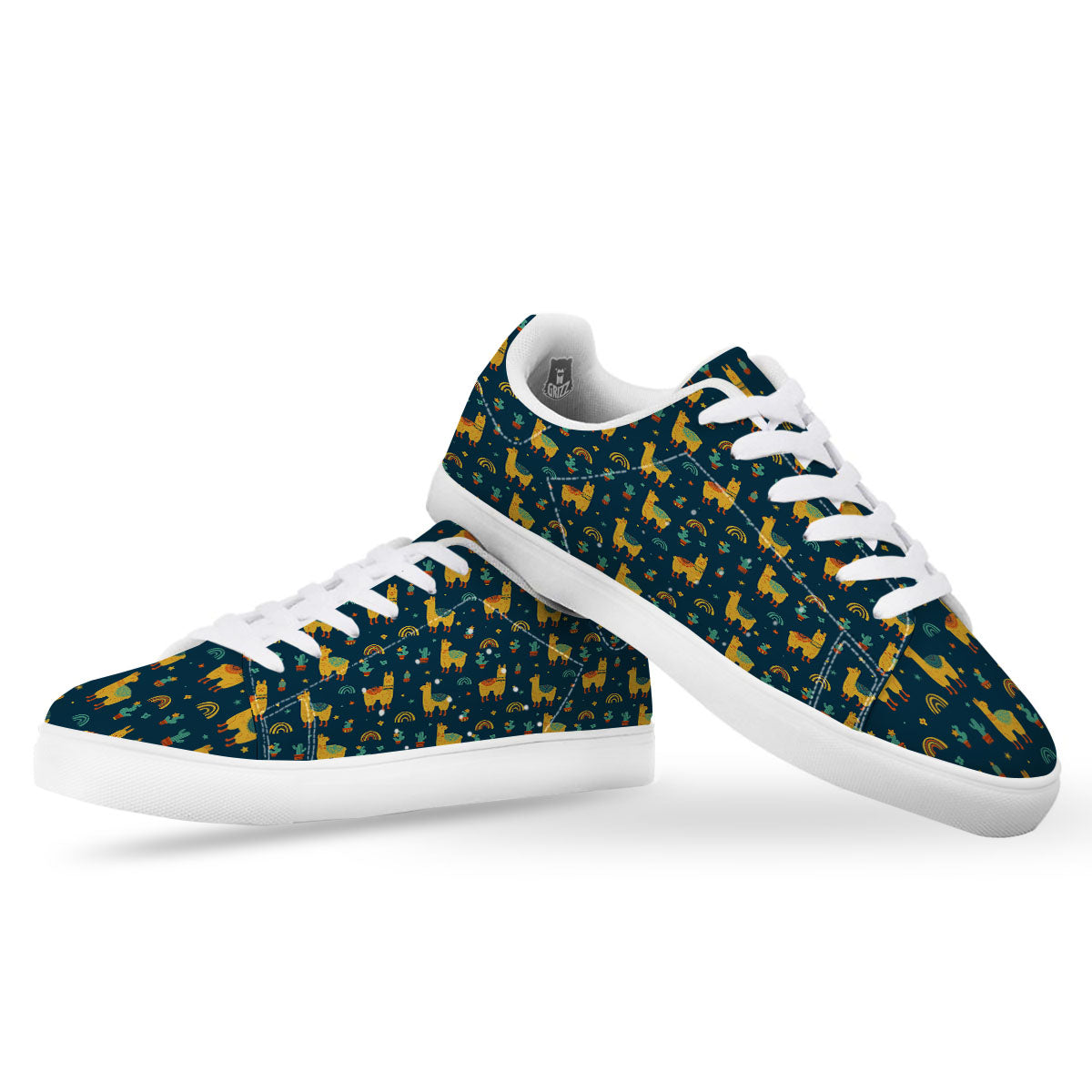 Llama And Cute Cactus Print Pattern White Low Top Sneakers-grizzshop