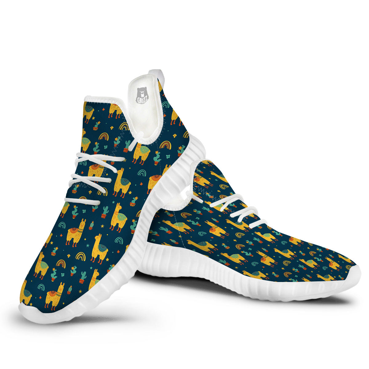 Llama And Cute Cactus Print Pattern White Walking Shoes-grizzshop