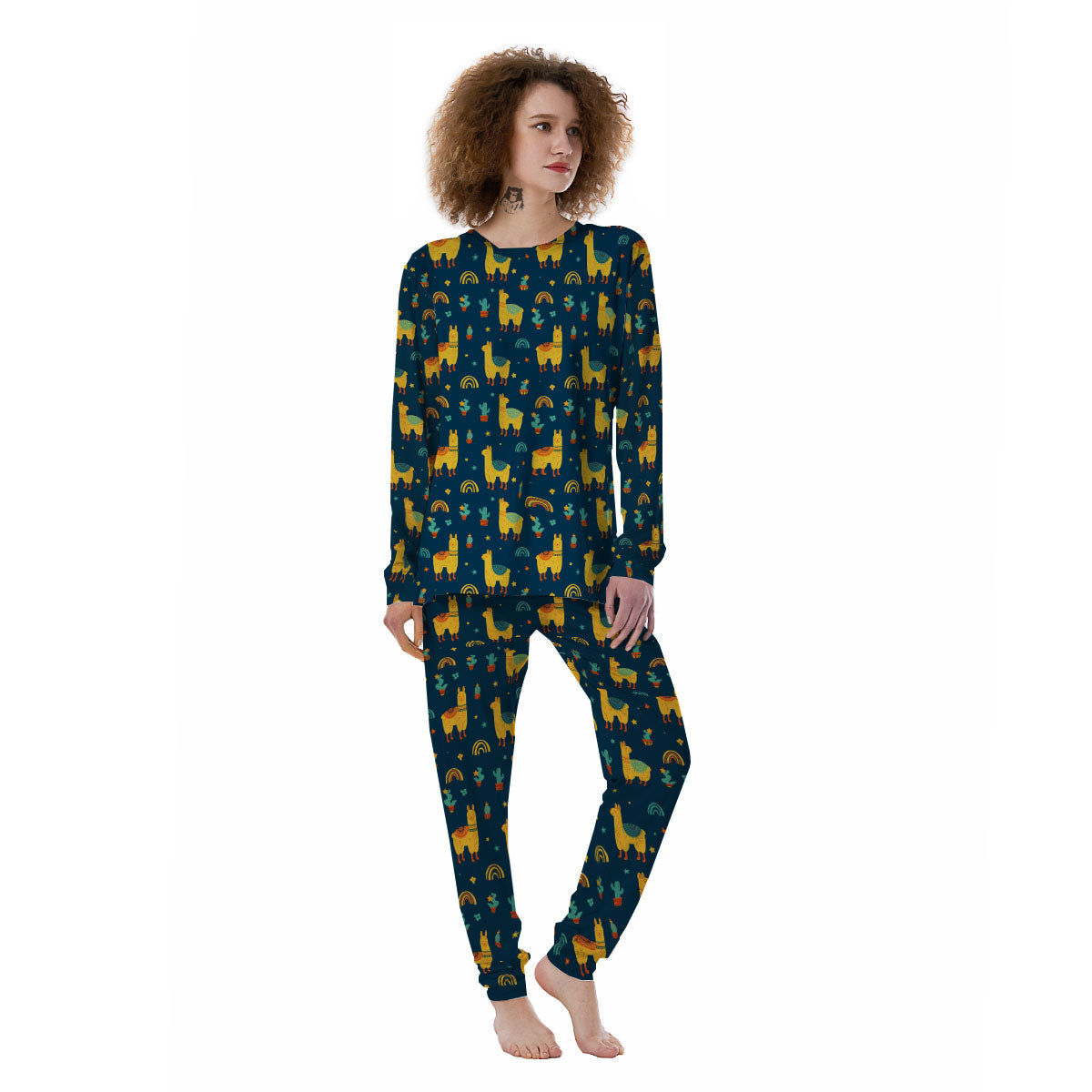 Llama And Cute Cactus Print Pattern Women's Pajamas-grizzshop