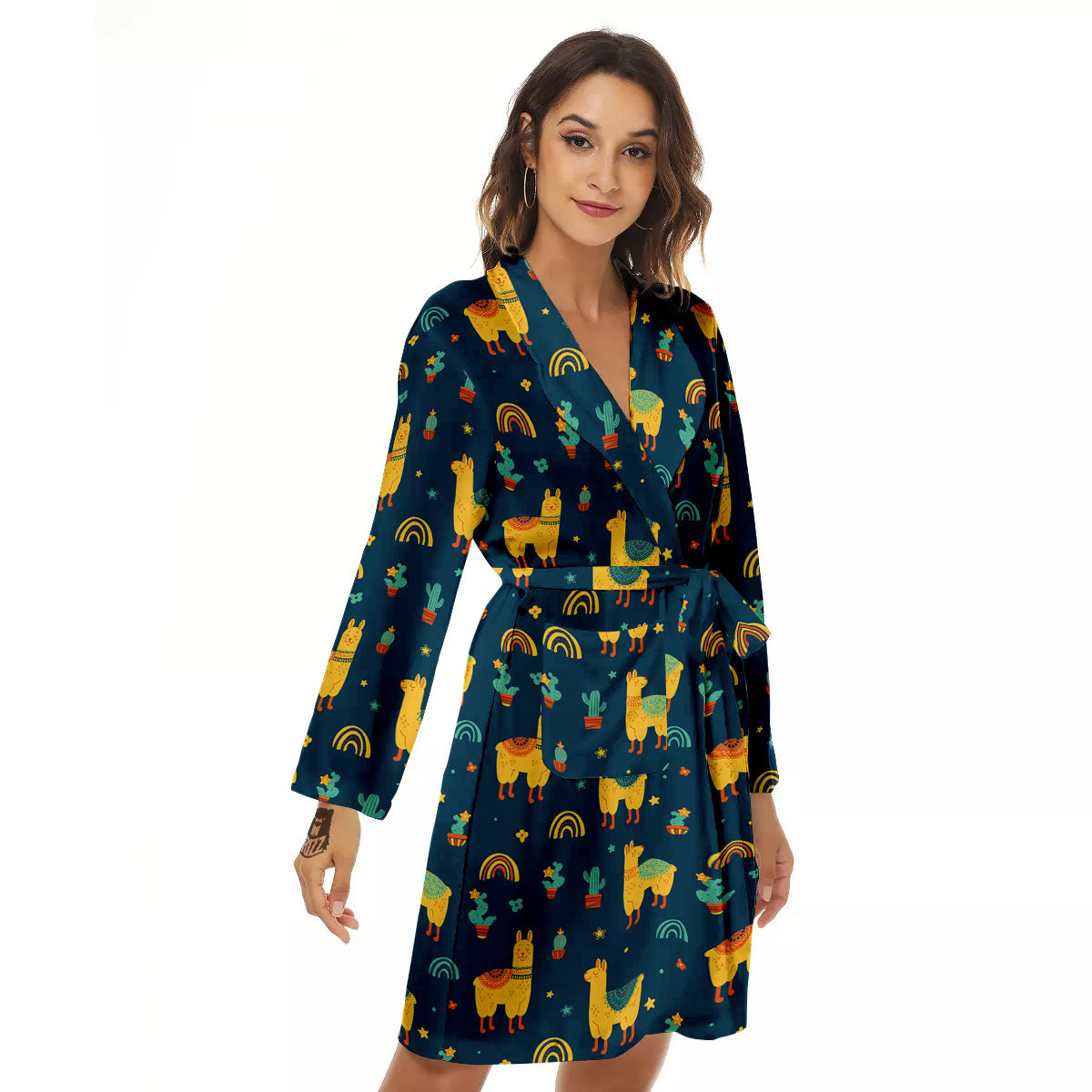 Llama And Cute Cactus Print Pattern Women's Robe-grizzshop