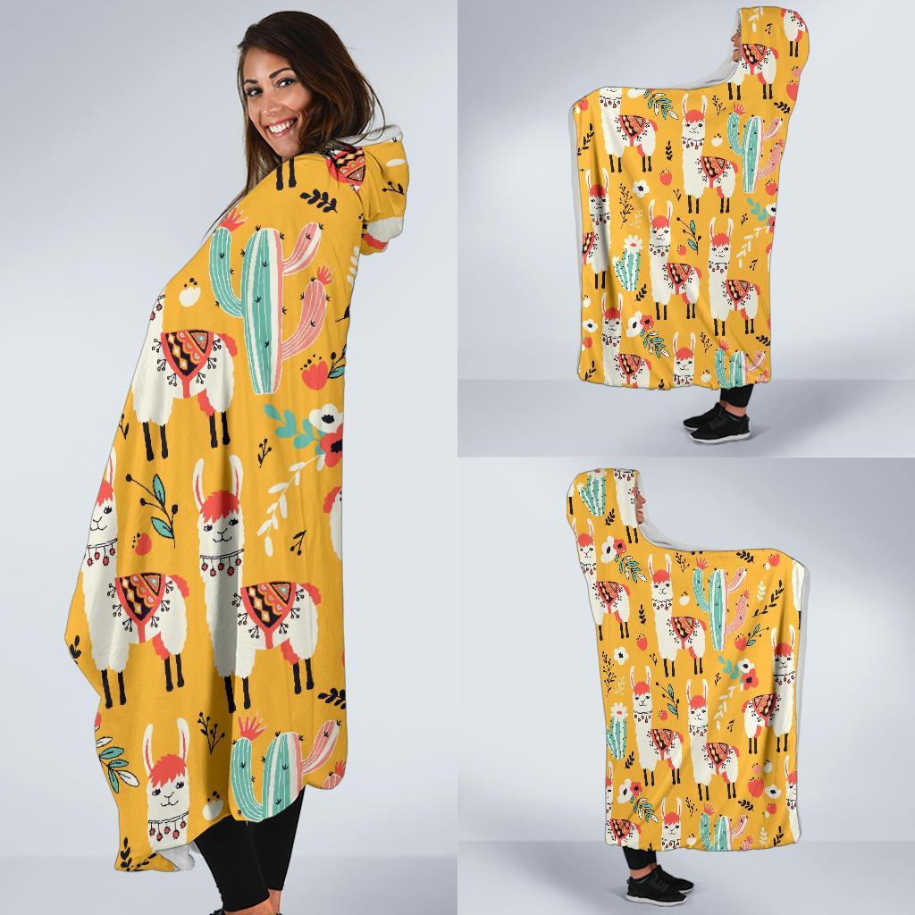 Llama Cactus Pattern Print Hooded Blanket-grizzshop