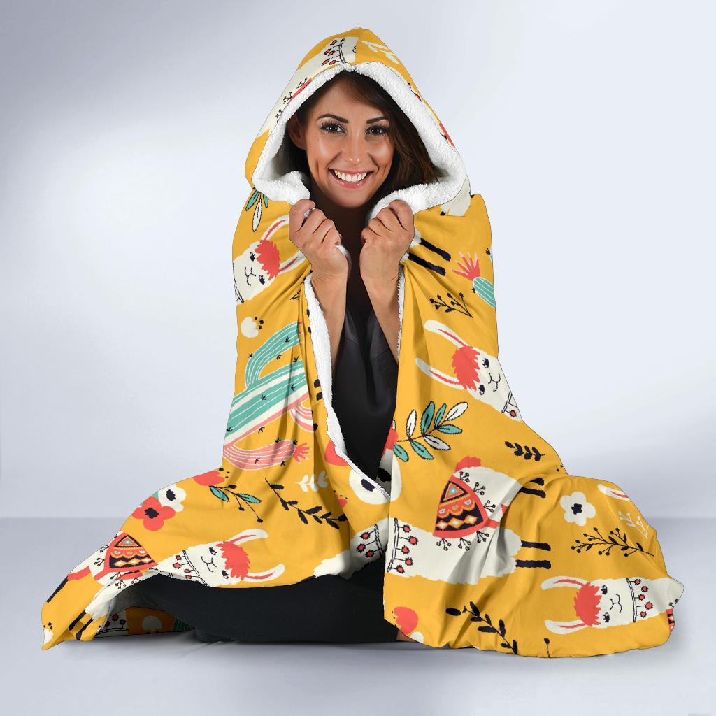 Llama Cactus Pattern Print Hooded Blanket-grizzshop