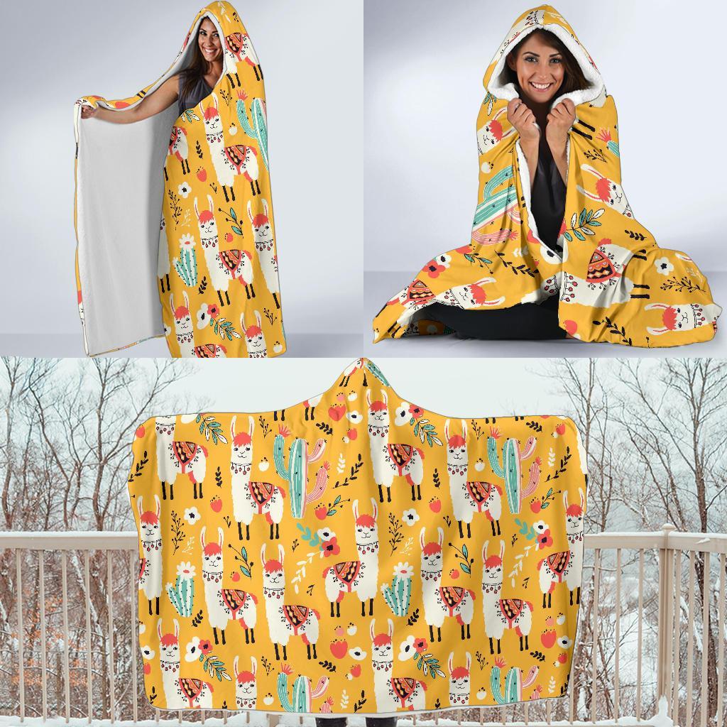 Llama Cactus Pattern Print Hooded Blanket-grizzshop