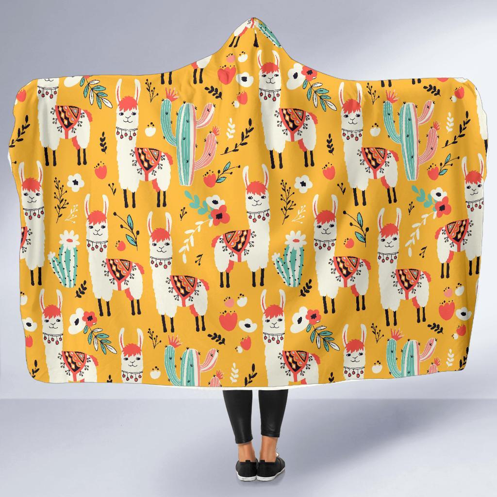Llama Cactus Pattern Print Hooded Blanket-grizzshop