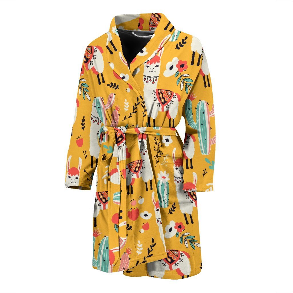 Llama Cactus Pattern Print Men Long Robe-grizzshop