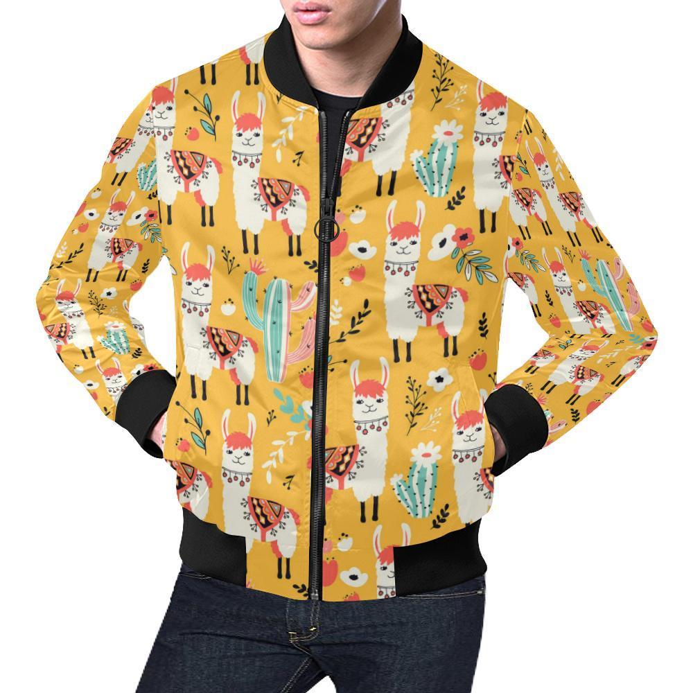 Llama Cactus Pattern Print Men's Bomber Jacket-grizzshop