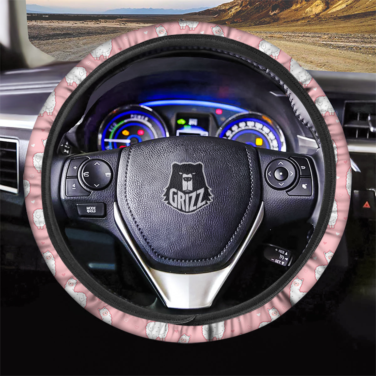 Llama Cute Pink Print Pattern Car Steering Wheel Cover-grizzshop