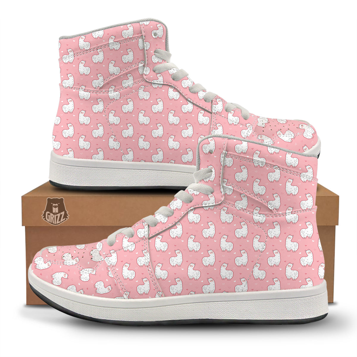 Llama Cute Pink Print Pattern High Top Sneakers-grizzshop