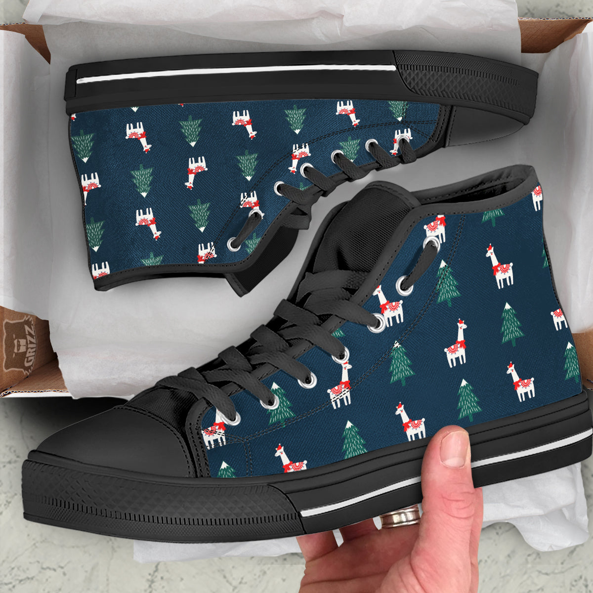 Llama Xmas Print Pattern Black High Top Shoes-grizzshop