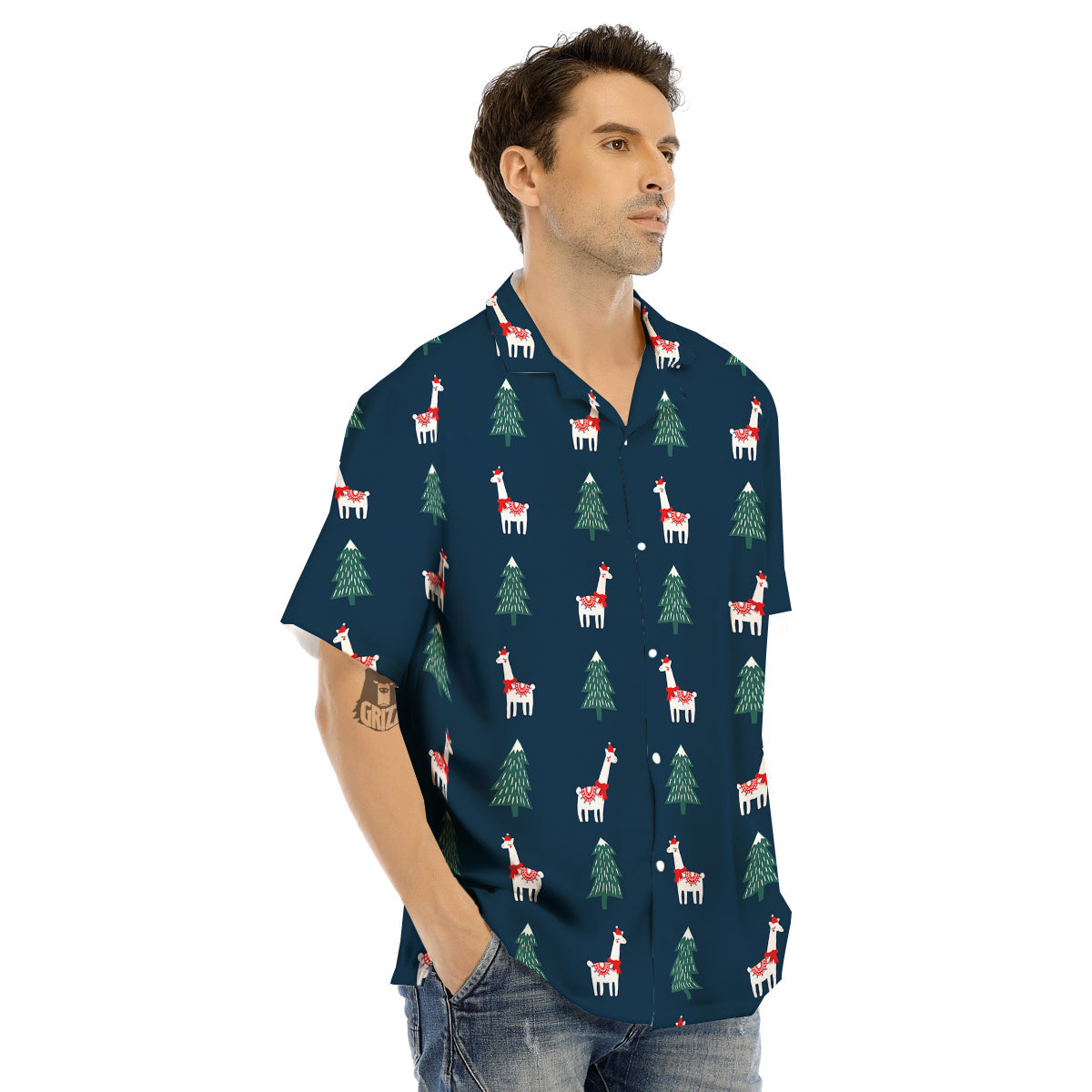 Llama Xmas Print Pattern Men's Hawaiian Shirt-grizzshop