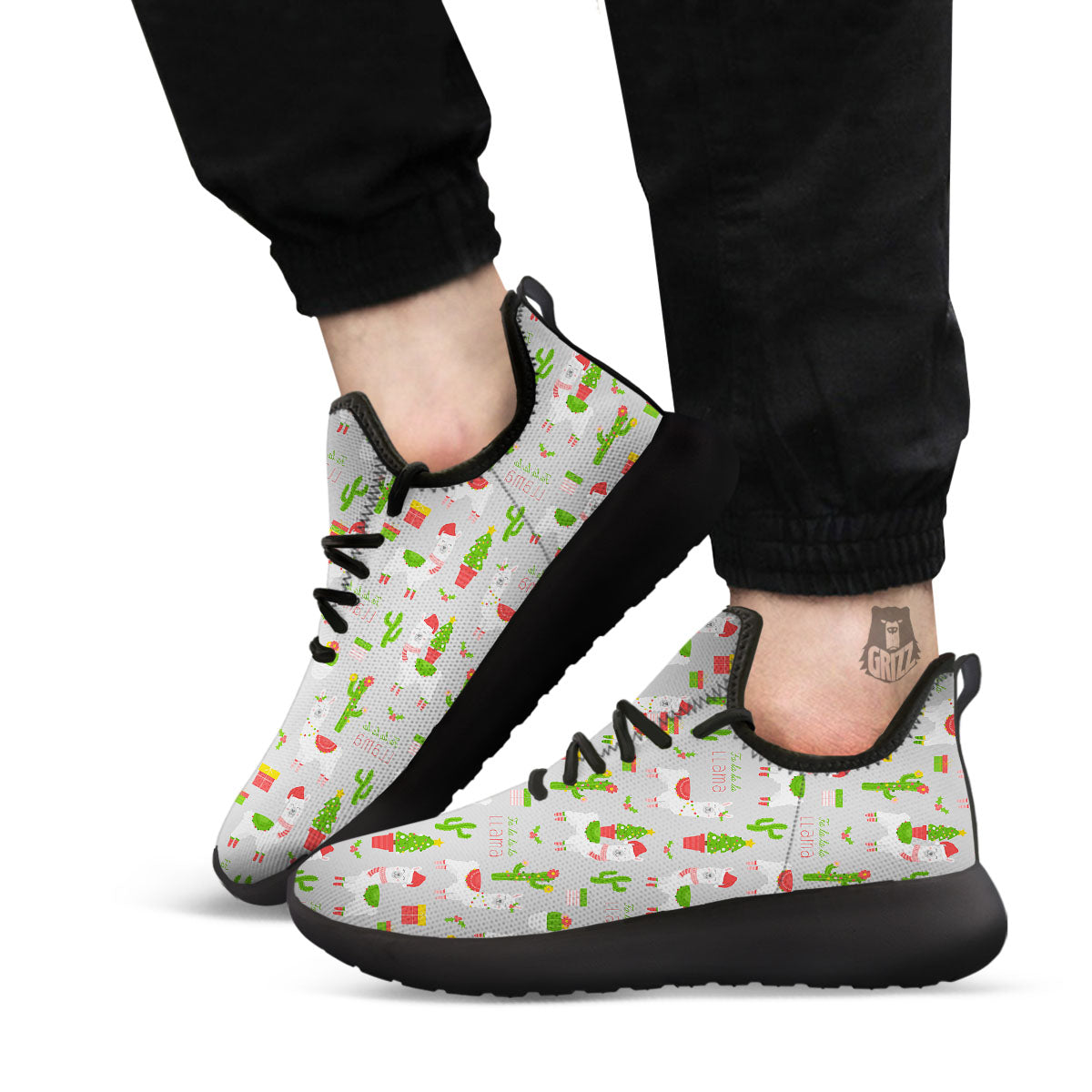 Llama Xmas Santa Claus Print Pattern Black Athletic Shoes-grizzshop