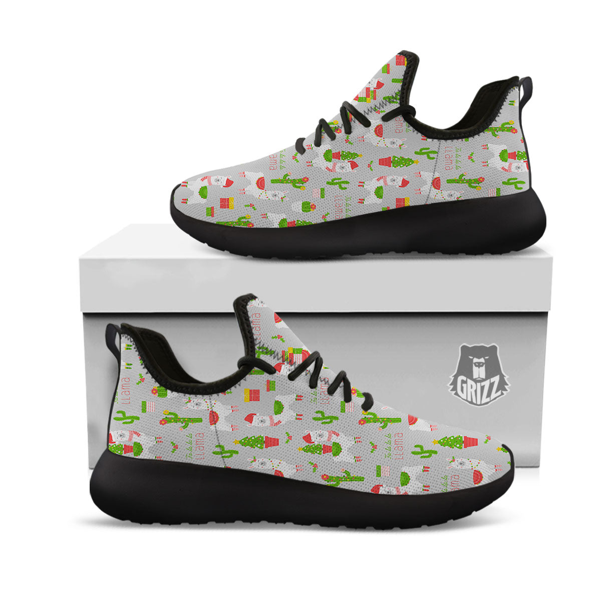 Llama Xmas Santa Claus Print Pattern Black Athletic Shoes-grizzshop