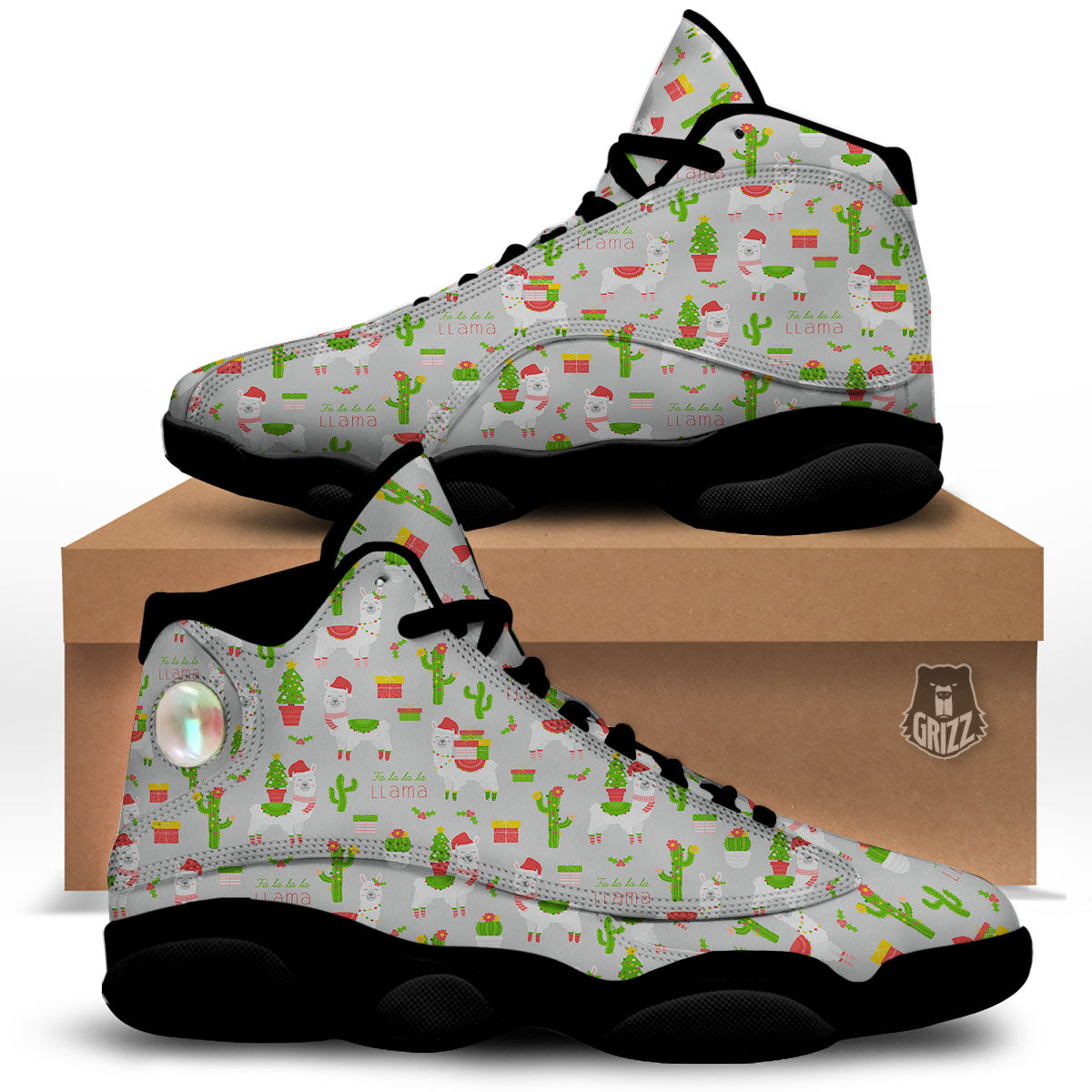 Llama Xmas Santa Claus Print Pattern Black Basketball Shoes-grizzshop