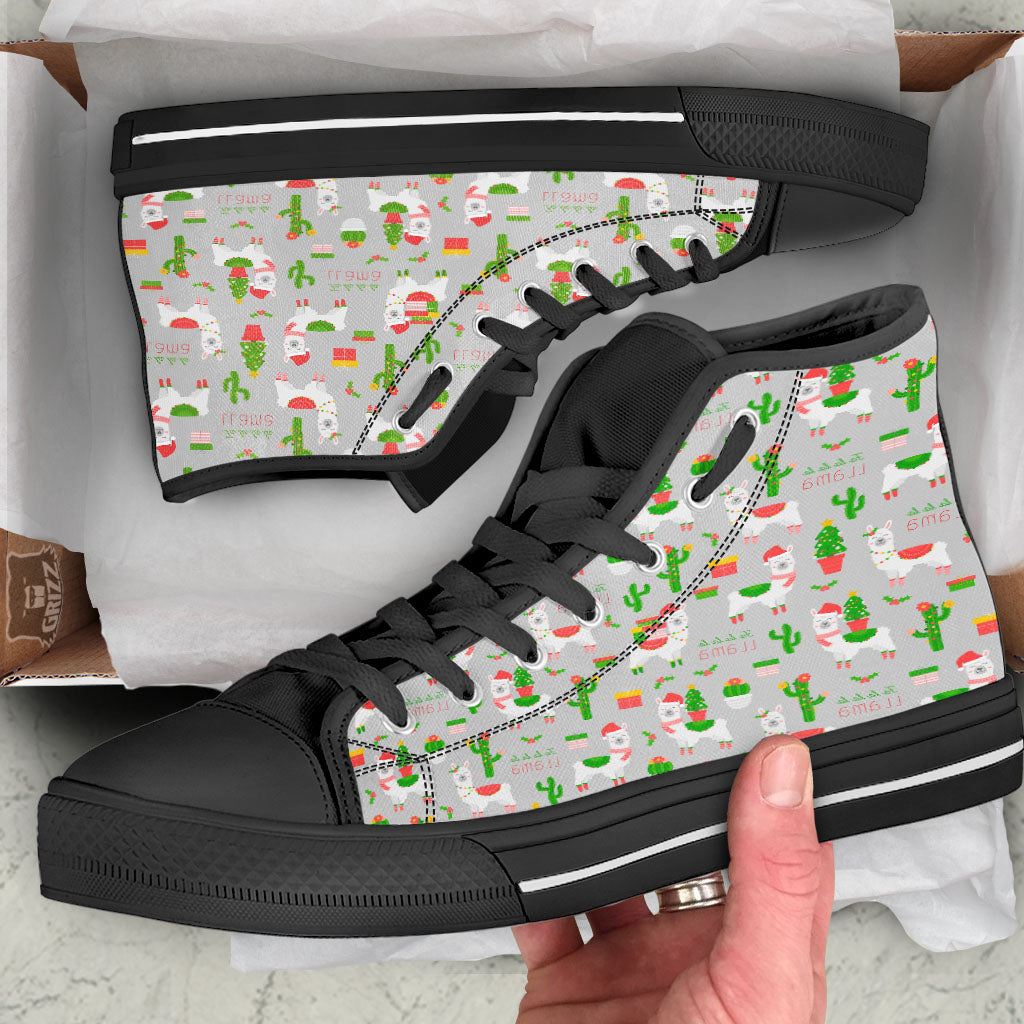 Llama Xmas Santa Claus Print Pattern Black High Top Shoes-grizzshop