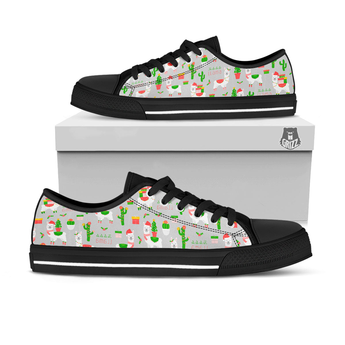 Llama Xmas Santa Claus Print Pattern Black Low Top Shoes-grizzshop