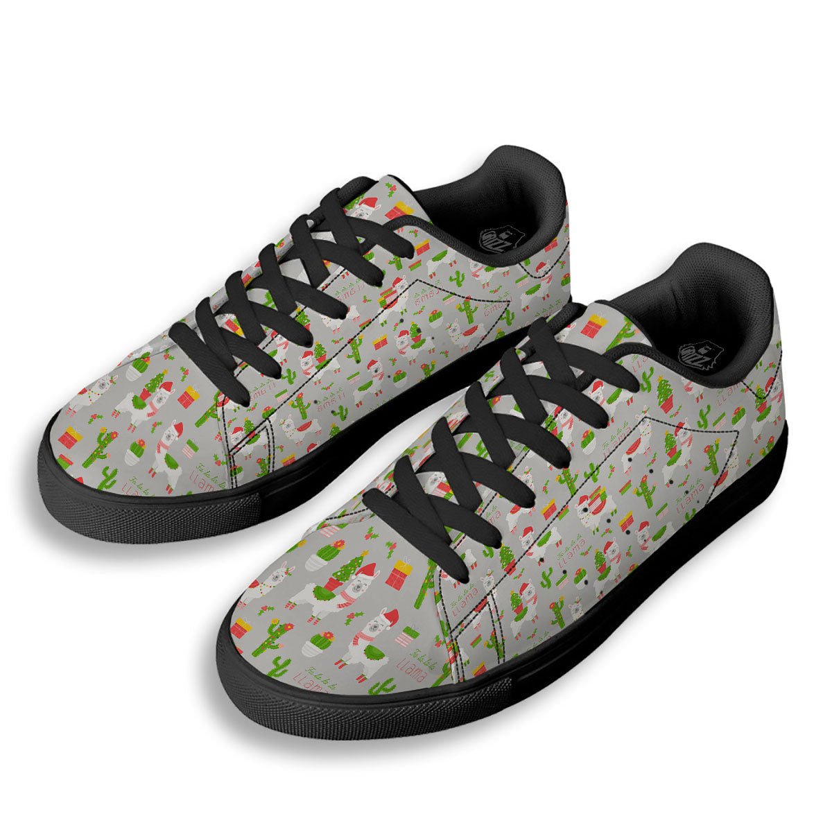 Llama Xmas Santa Claus Print Pattern Black Low Top Sneakers-grizzshop
