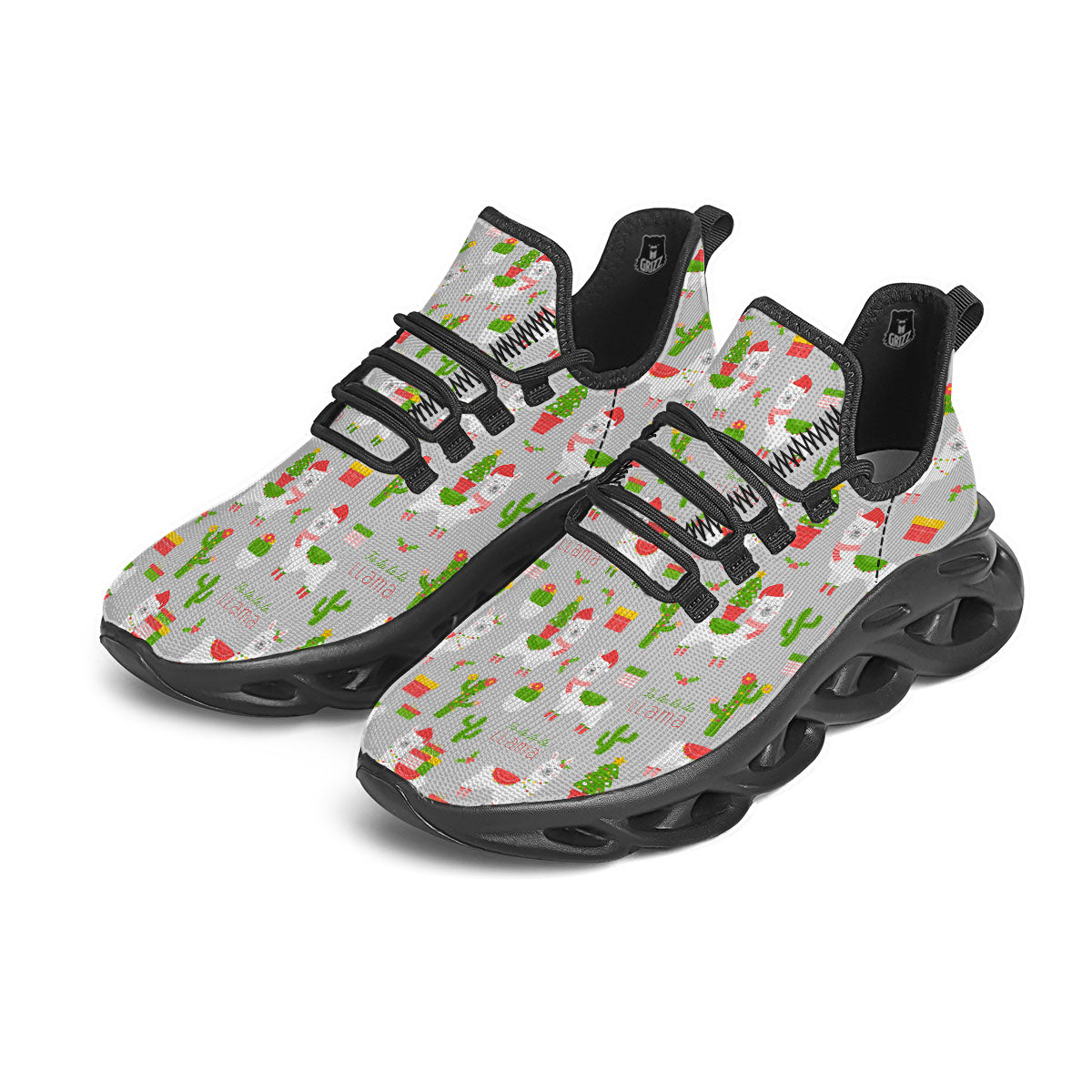 Llama Xmas Santa Claus Print Pattern Black Running Shoes-grizzshop