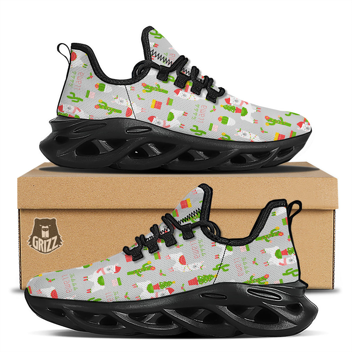 Llama Xmas Santa Claus Print Pattern Black Running Shoes-grizzshop