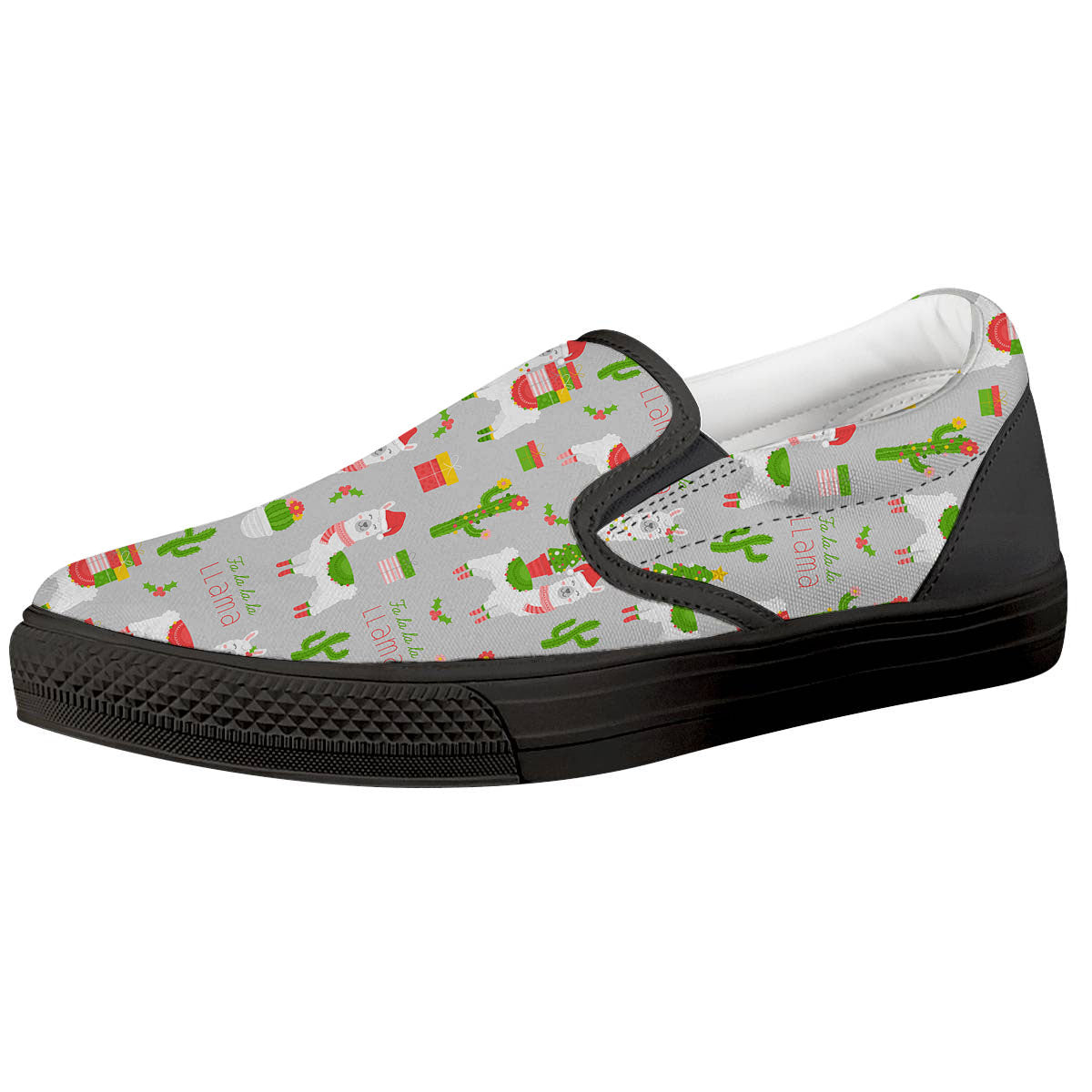 Llama Xmas Santa Claus Print Pattern Black Slip On Shoes-grizzshop
