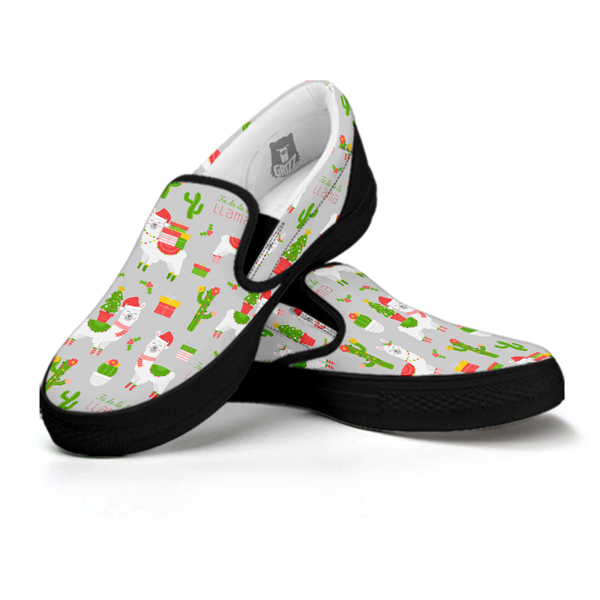 Llama Xmas Santa Claus Print Pattern Black Slip On Shoes-grizzshop