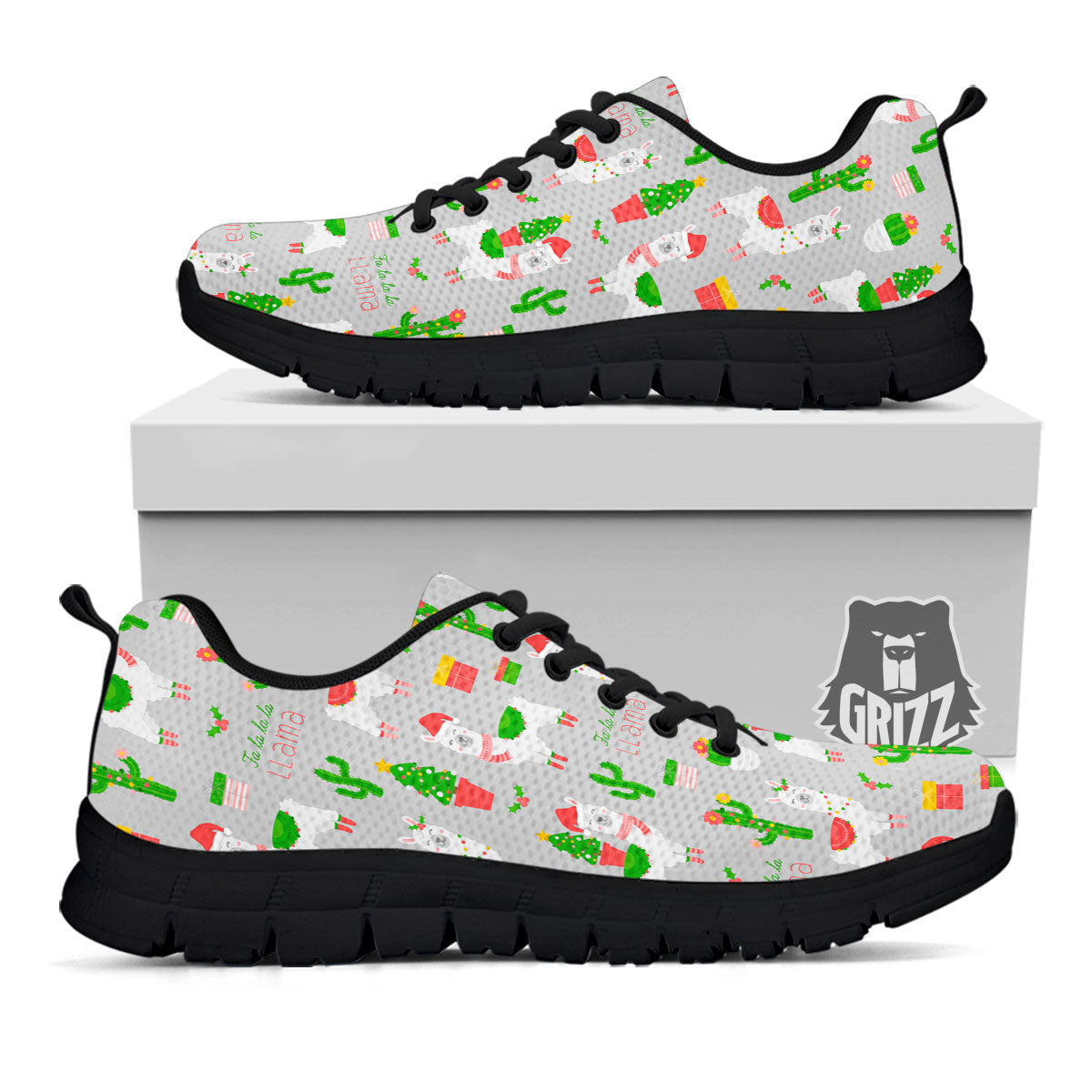 Llama Xmas Santa Claus Print Pattern Black Sneaker-grizzshop