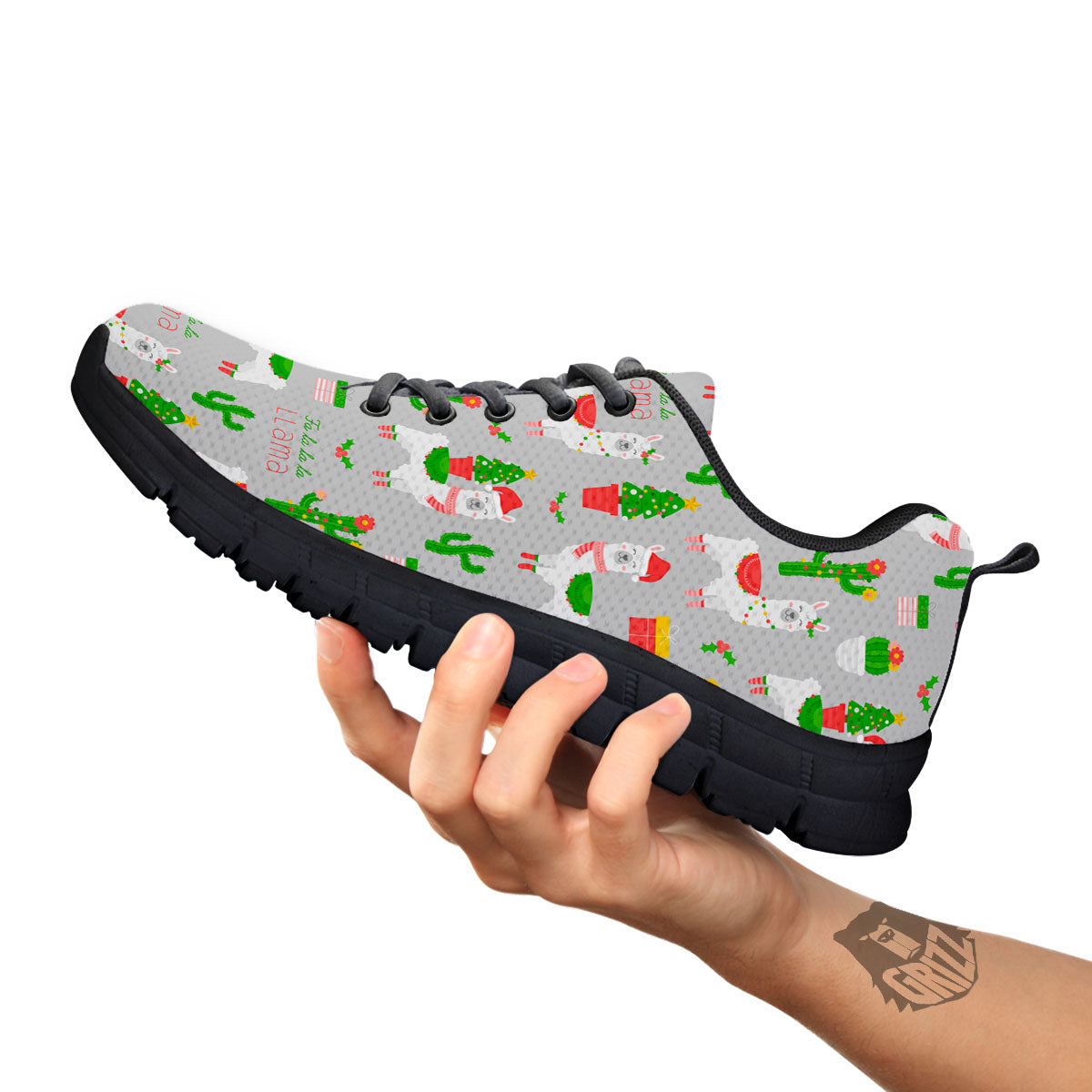 Llama Xmas Santa Claus Print Pattern Black Sneaker-grizzshop