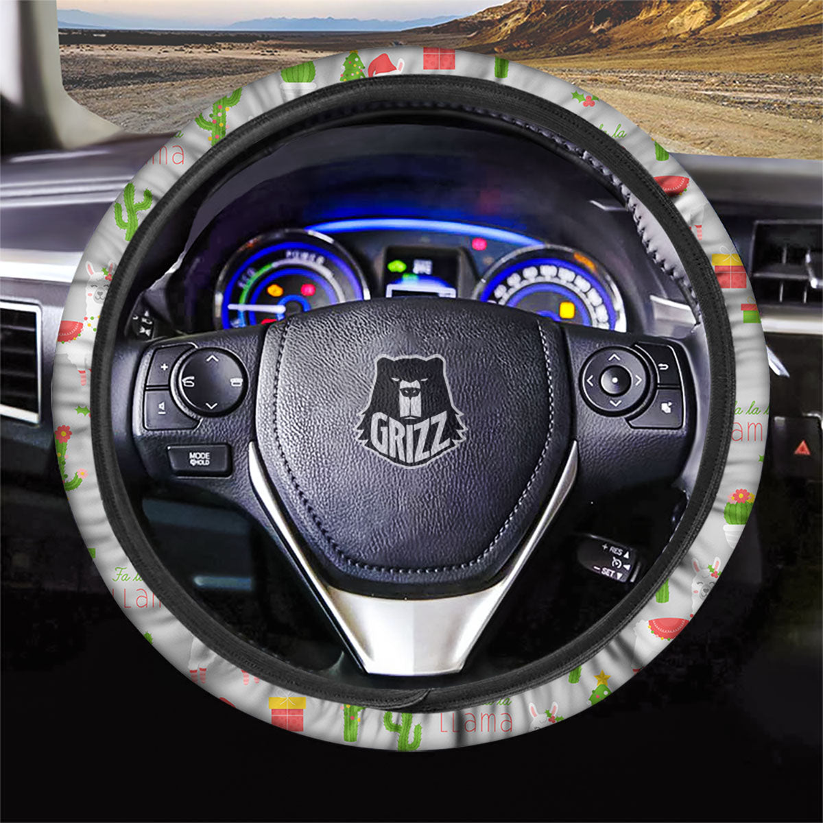 Llama Xmas Santa Claus Print Pattern Car Steering Wheel Cover-grizzshop