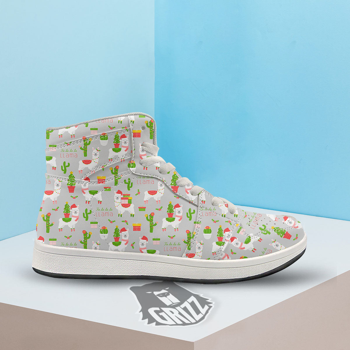 Llama Xmas Santa Claus Print Pattern High Top Sneakers-grizzshop