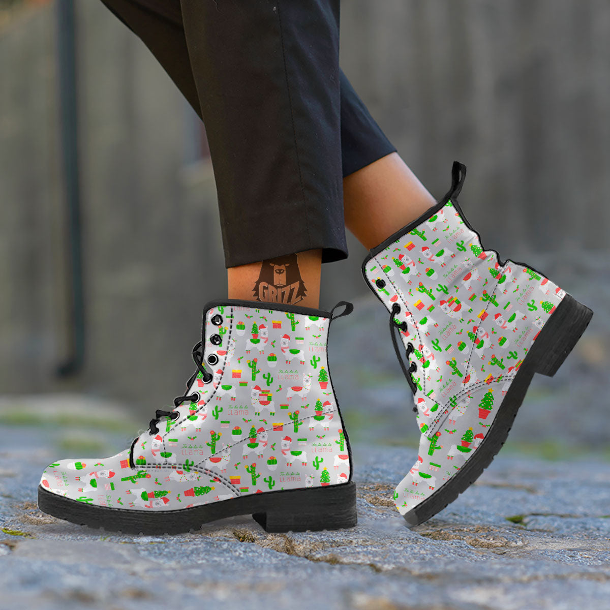 Llama Xmas Santa Claus Print Pattern Leather Boots-grizzshop