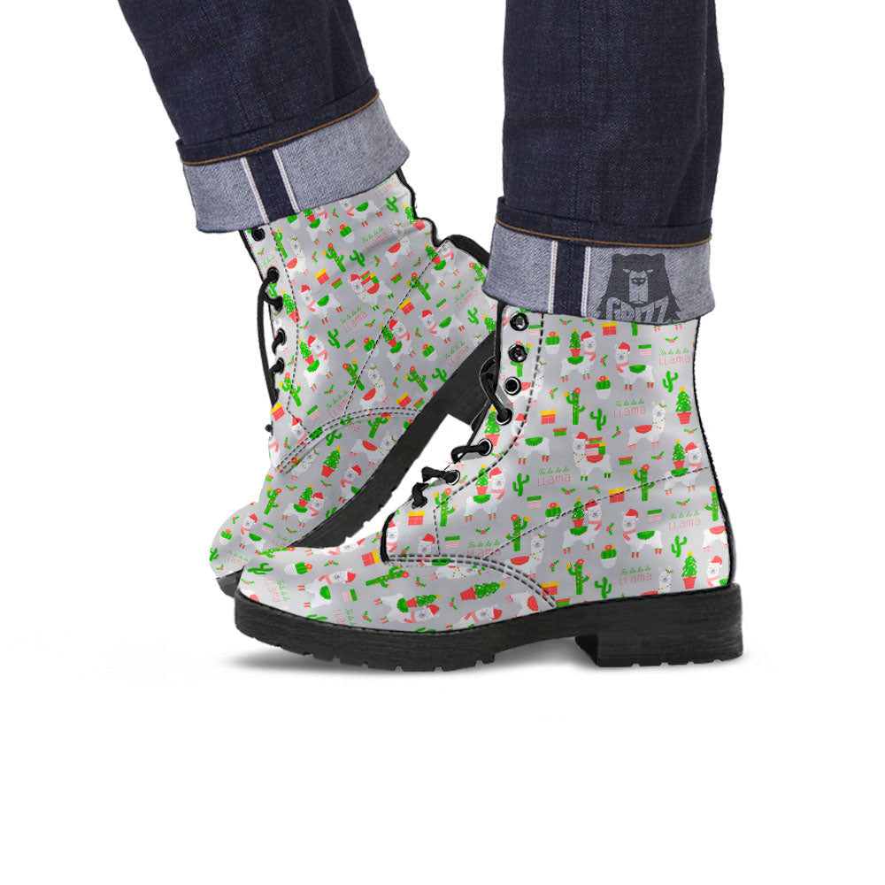 Llama Xmas Santa Claus Print Pattern Leather Boots-grizzshop