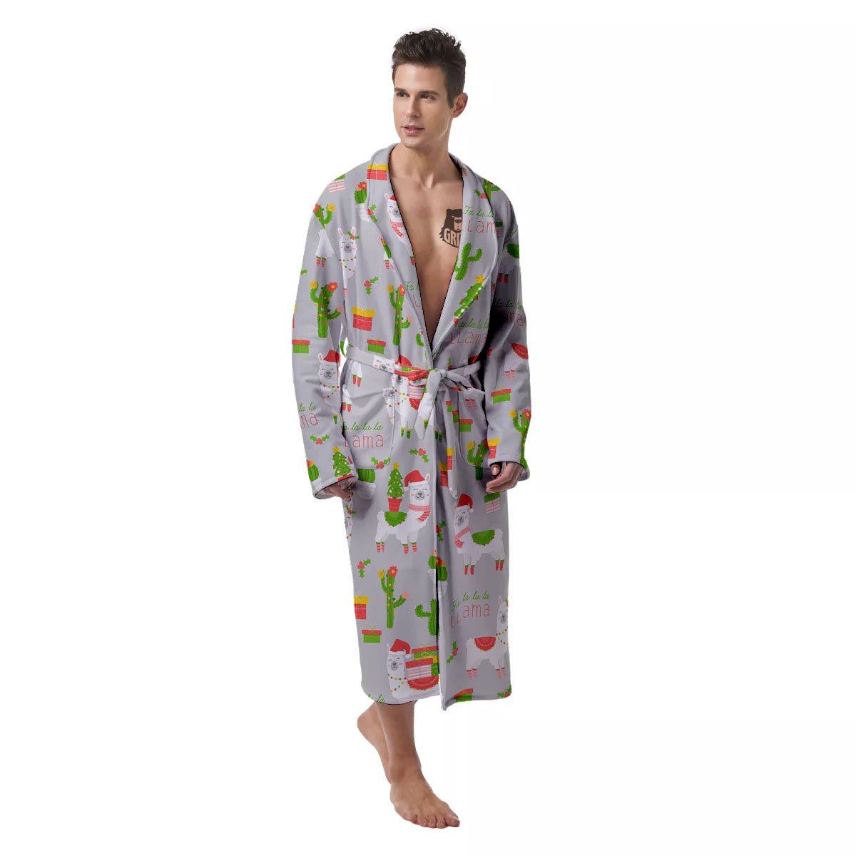 Llama Xmas Santa Claus Print Pattern Men's Robe-grizzshop
