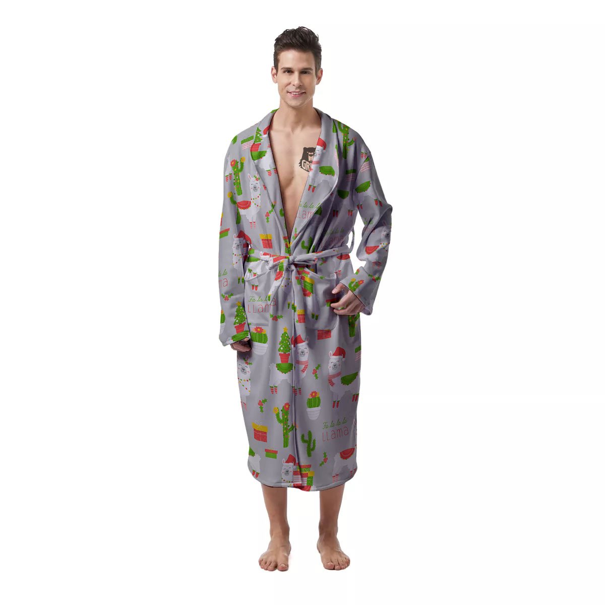 Llama Xmas Santa Claus Print Pattern Men's Robe-grizzshop