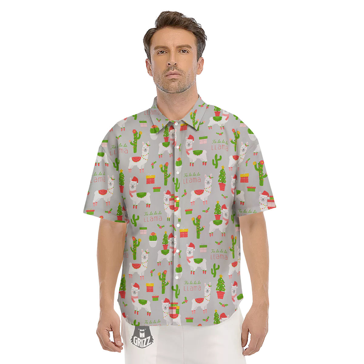 Llama Xmas Santa Claus Print Pattern Men's Short Sleeve Shirts-grizzshop