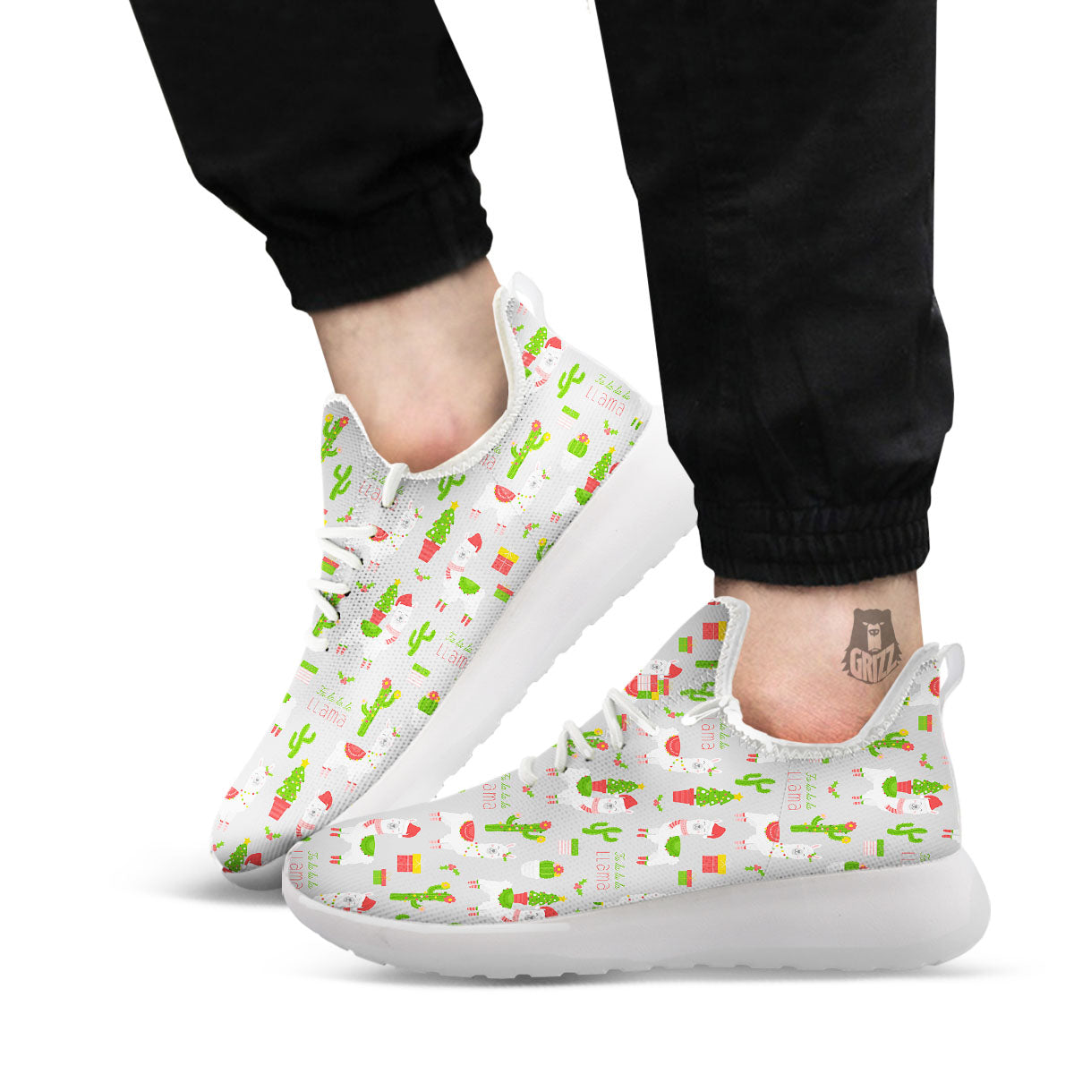 Llama Xmas Santa Claus Print Pattern White Athletic Shoes-grizzshop