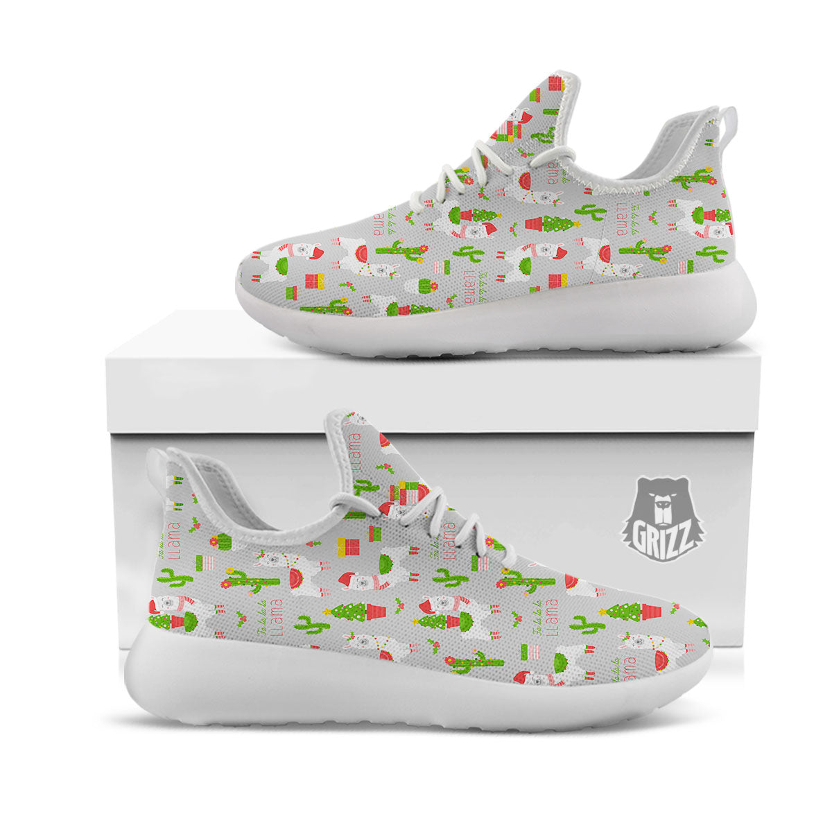 Llama Xmas Santa Claus Print Pattern White Athletic Shoes-grizzshop