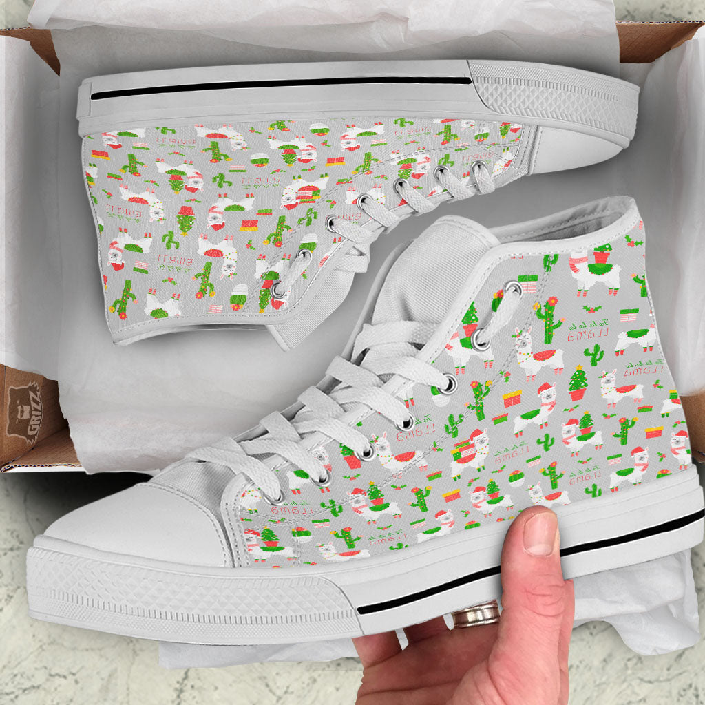 Llama Xmas Santa Claus Print Pattern White High Top Shoes-grizzshop