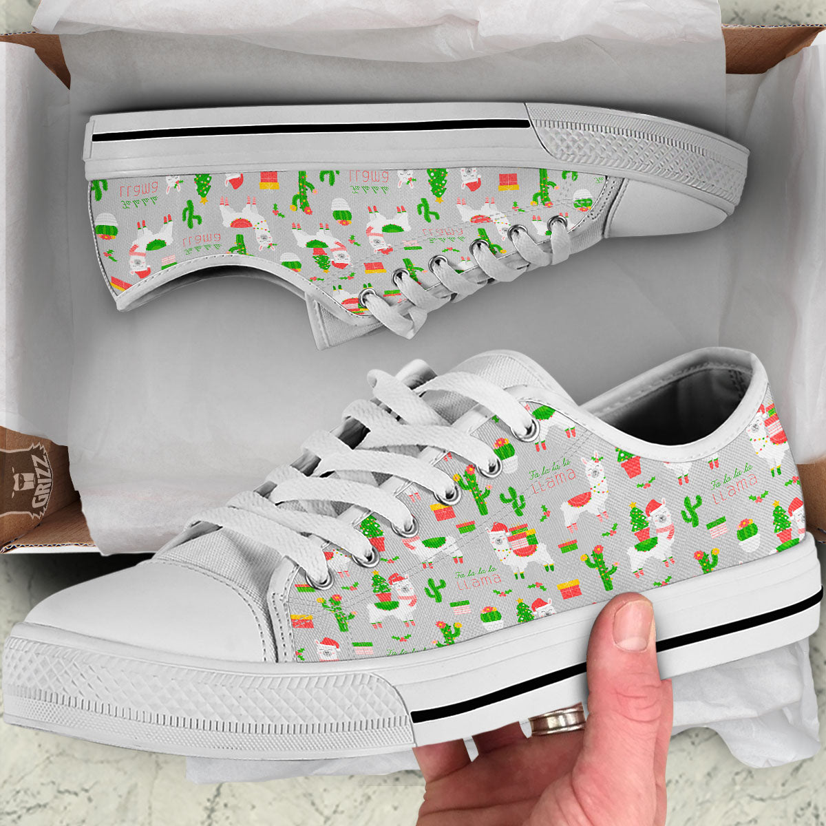 Llama Xmas Santa Claus Print Pattern White Low Top Shoes-grizzshop