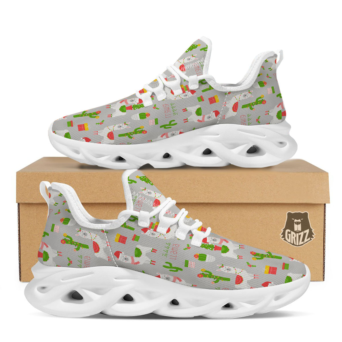 Llama Xmas Santa Claus Print Pattern White Running Shoes-grizzshop