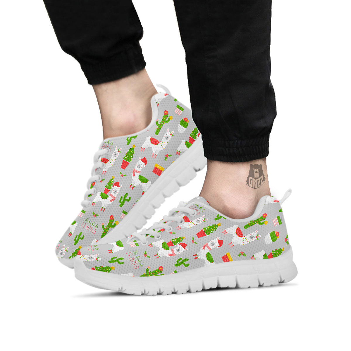 Llama Xmas Santa Claus Print Pattern White Sneaker-grizzshop