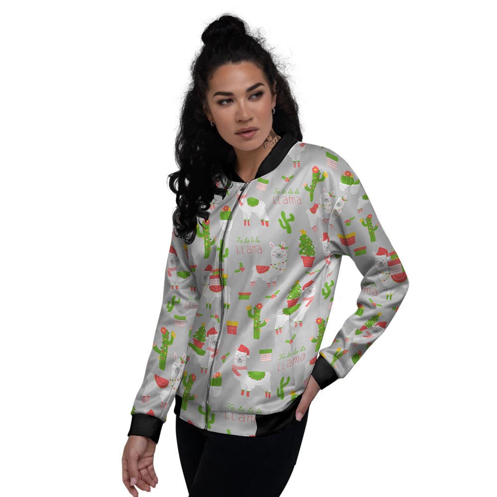 Llama Xmas Santa Claus Print Pattern Women's Bomber Jacket-grizzshop