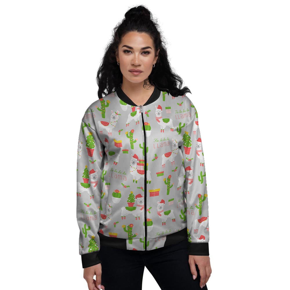 Llama Xmas Santa Claus Print Pattern Women's Bomber Jacket-grizzshop