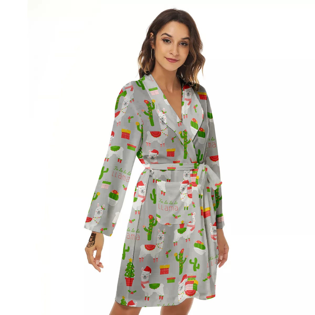 Llama Xmas Santa Claus Print Pattern Women's Robe-grizzshop