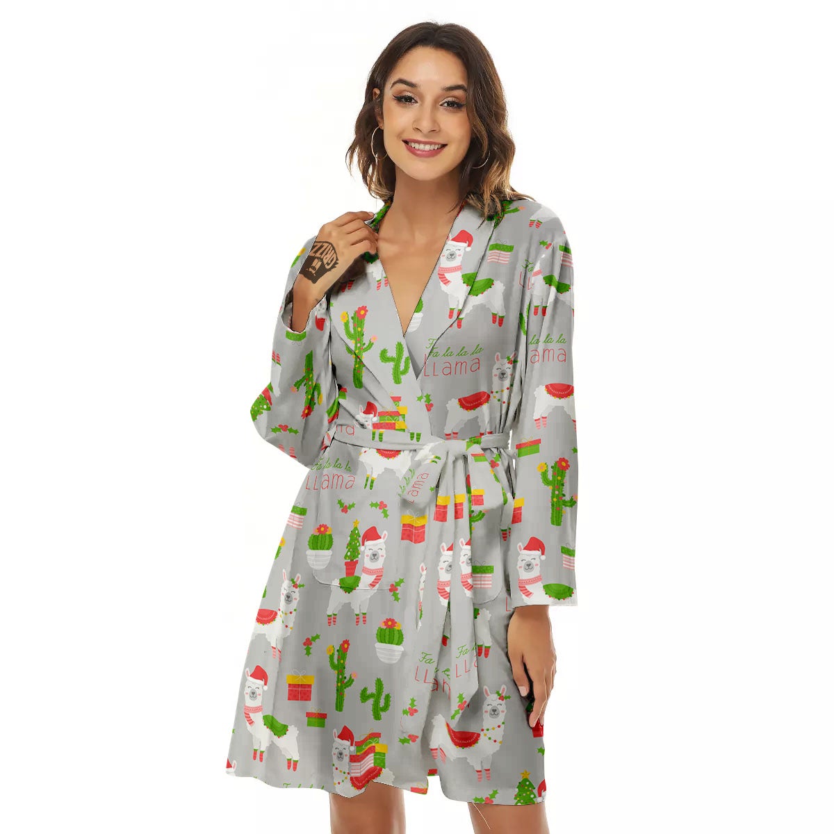 Llama Xmas Santa Claus Print Pattern Women's Robe-grizzshop