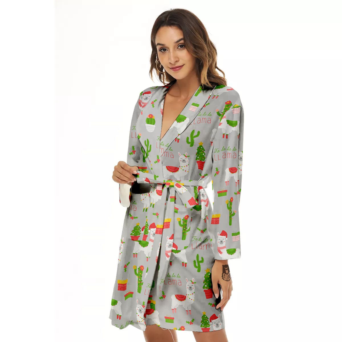 Llama Xmas Santa Claus Print Pattern Women's Robe-grizzshop