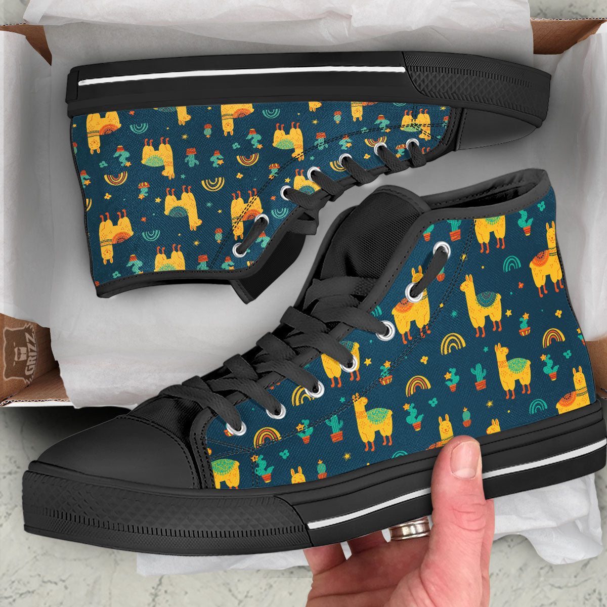 Llama Yellow Print Pattern Black High Top Shoes-grizzshop