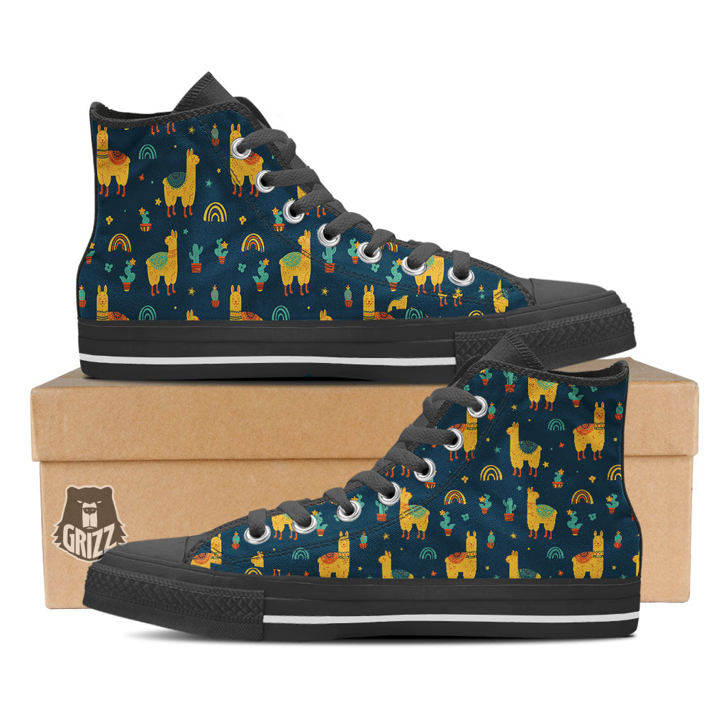 Llama Yellow Print Pattern Black High Top Shoes-grizzshop