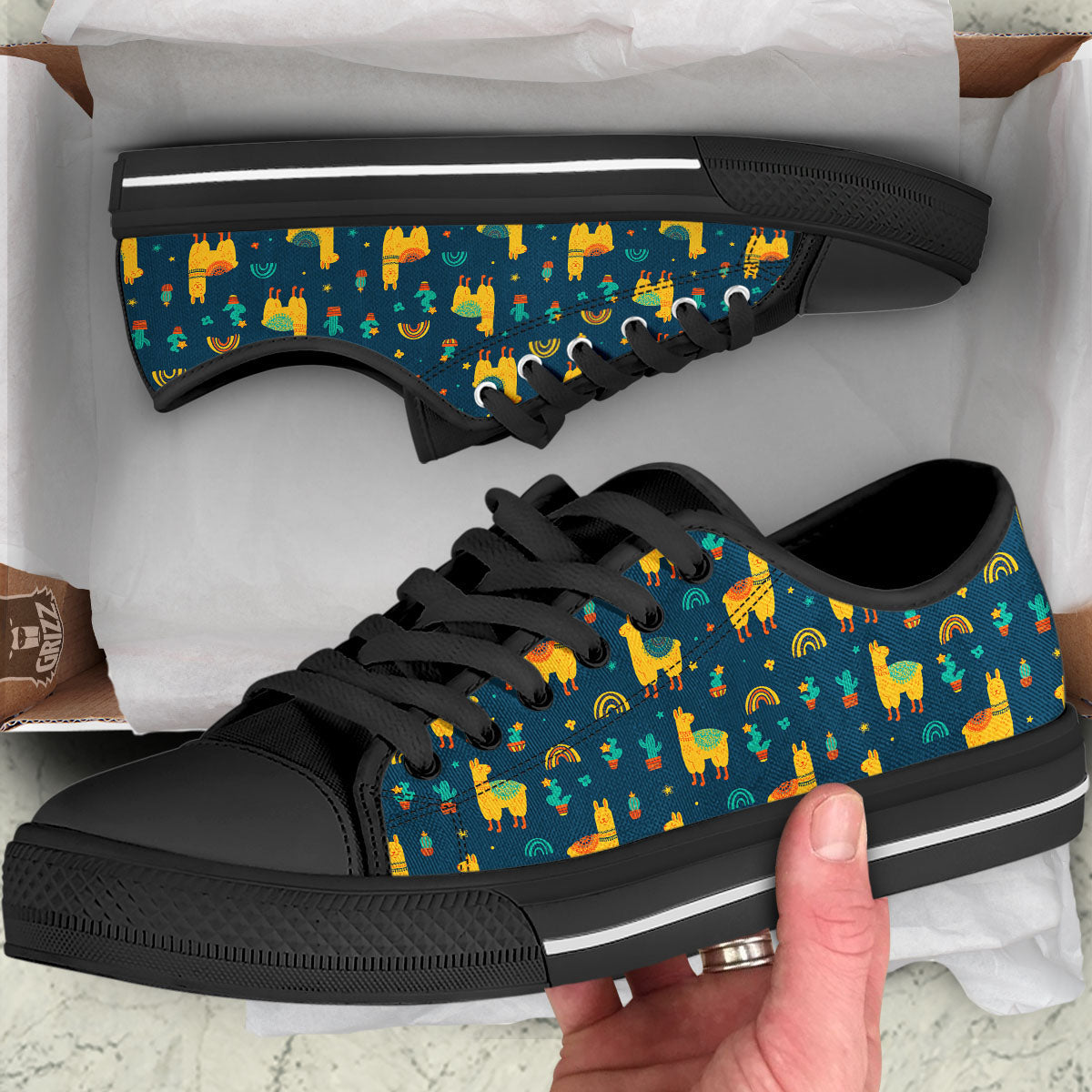 Llama Yellow Print Pattern Black Low Top Shoes-grizzshop