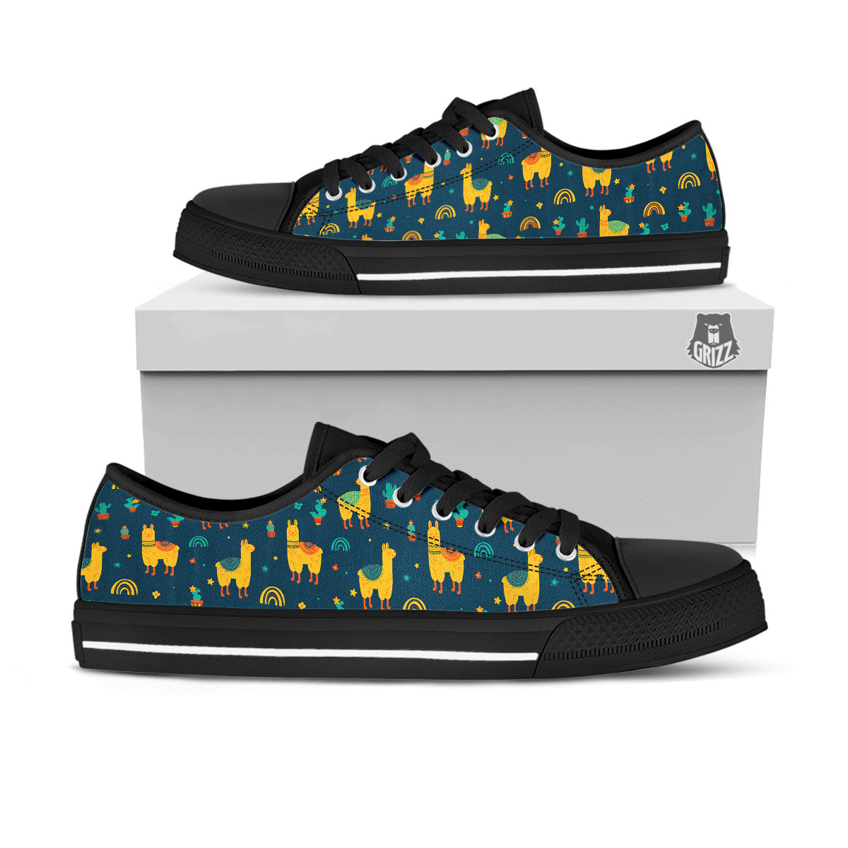 Llama Yellow Print Pattern Black Low Top Shoes-grizzshop