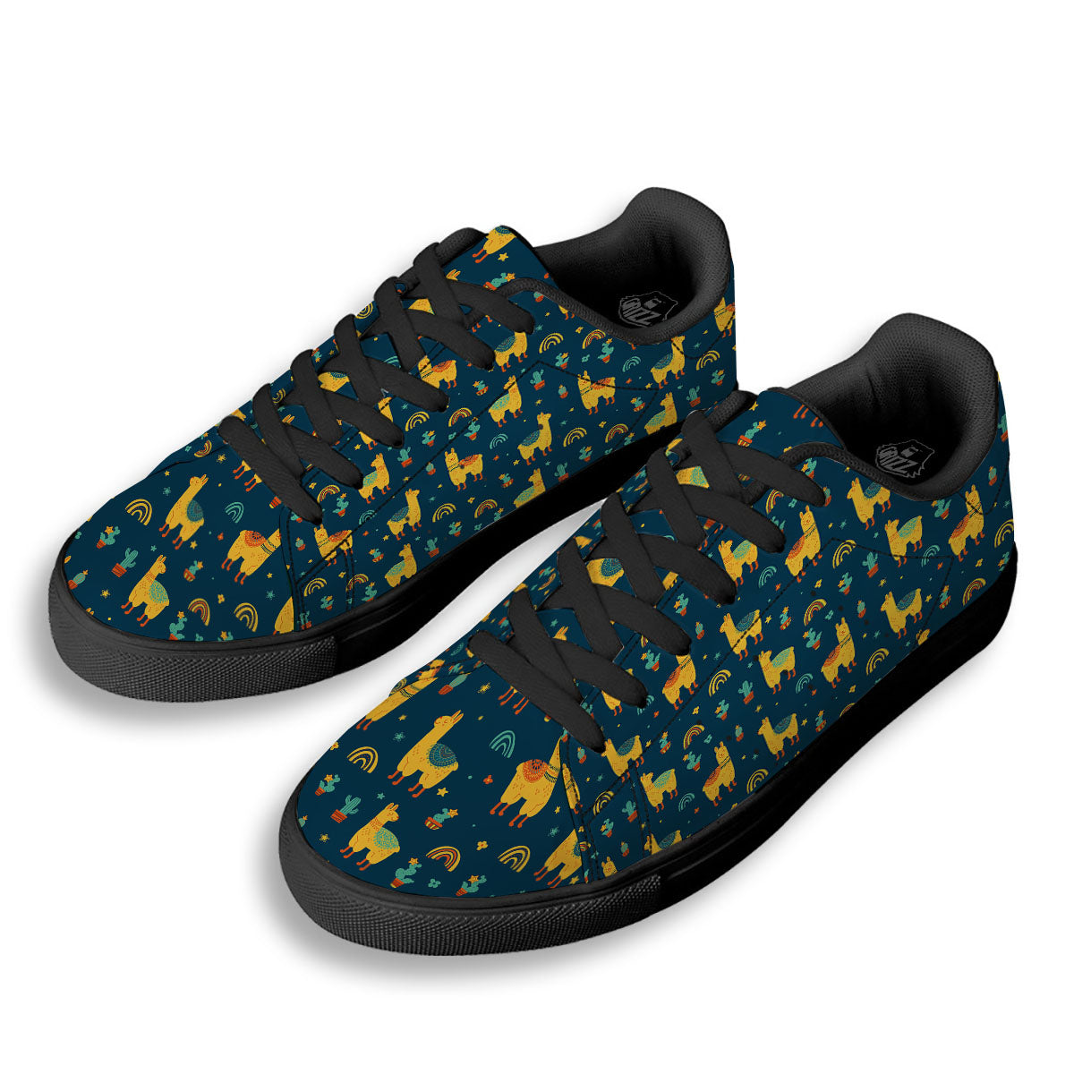 Llama Yellow Print Pattern Black Low Top Sneakers-grizzshop